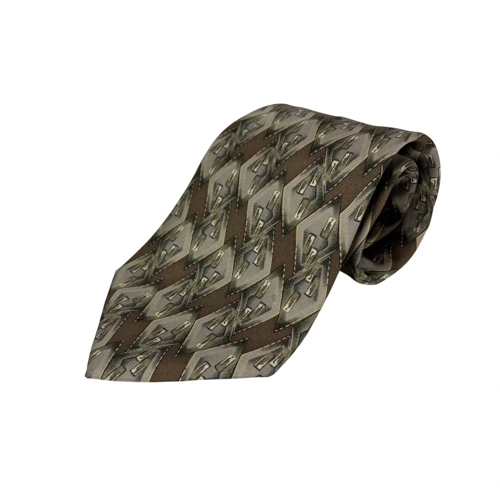 Basics By Croft & Barrow Mens 100% Silk Tie Brown Tan Gray Geometric Diamond USA